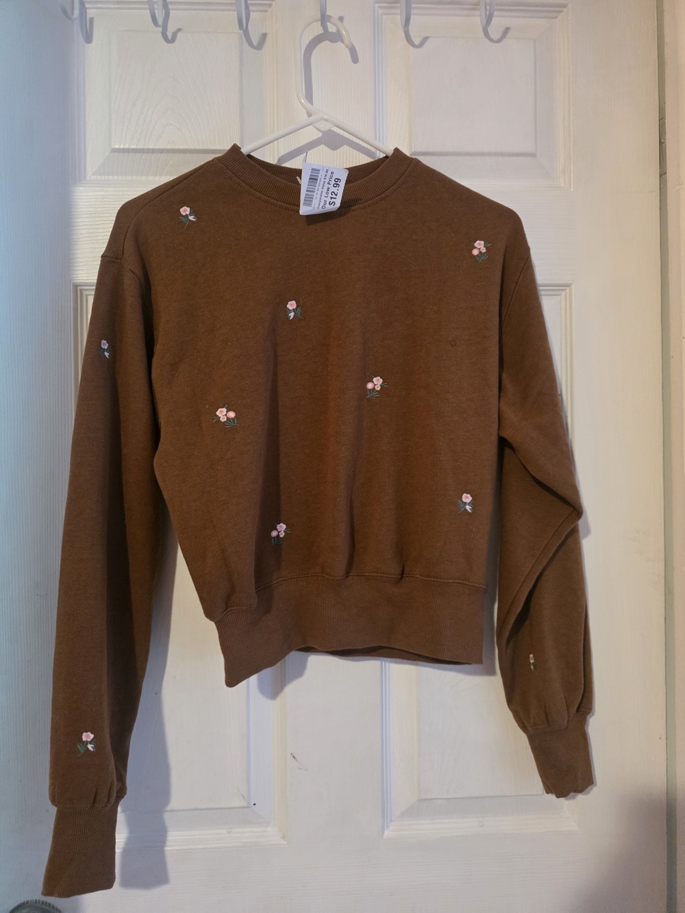 Reflex Brown Crewneck Sweater with Pink Floral Embroidery
